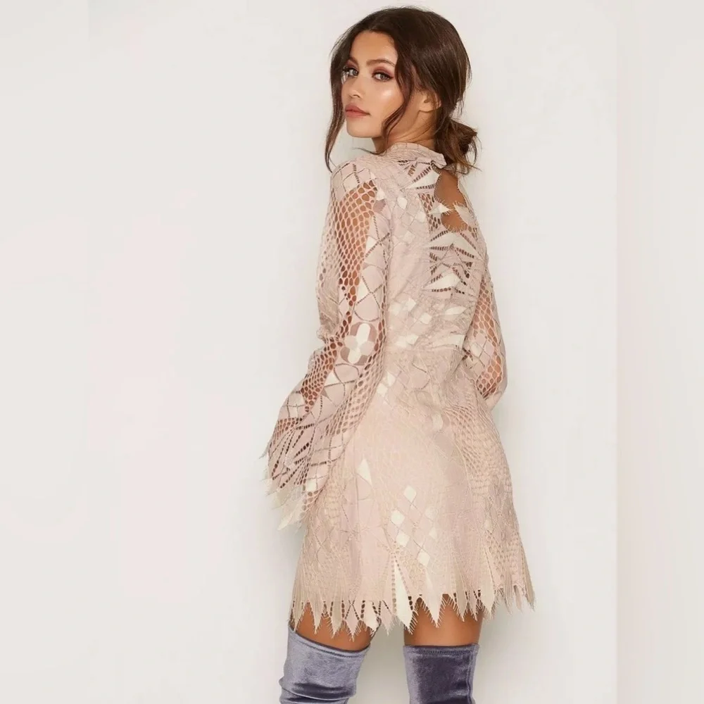 Free People Deco Lace Ivoy Combo Long Bell Sleeve Mesh Inserts Mini Dress NWT 4